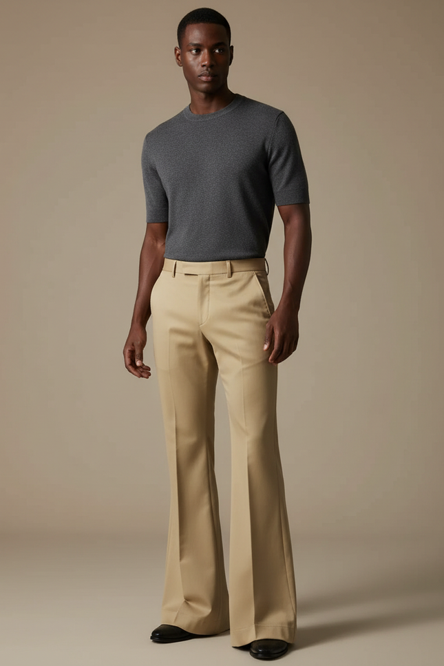 Pantalon Patte D'Éléphant Homme Beige Évasé Élégant Décontracté - Gabardine