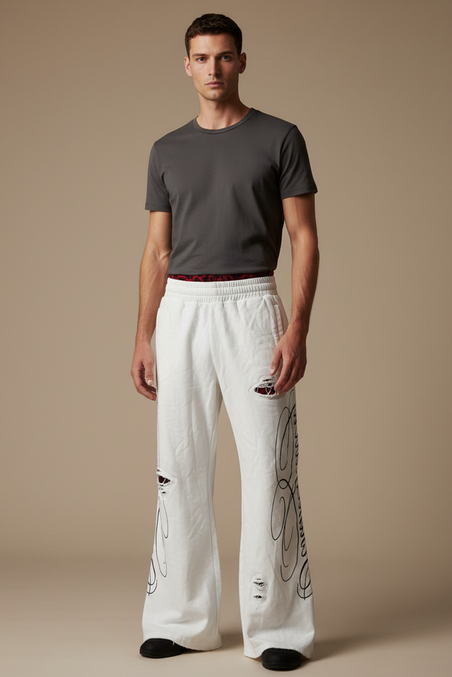 Pantalon Patte D'Éléphant Blanc Destroy Brodé Y2K Homme - Molleton