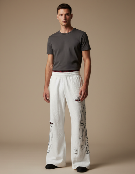 Pantalon Patte D'Éléphant Blanc Destroy Brodé Y2K Homme - Molleton
