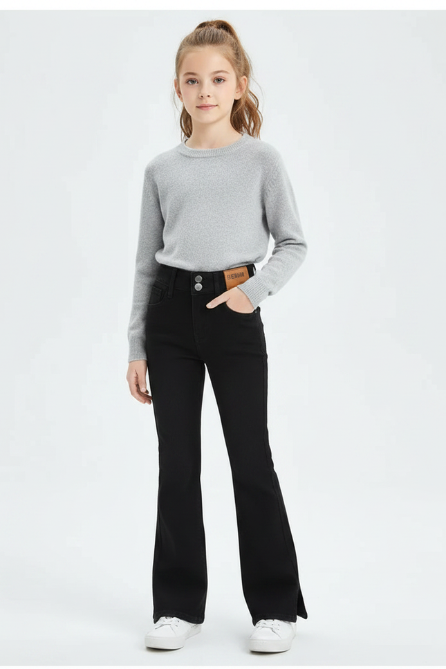 Pantalon Patte D'Éléphant Noir Fendu Denim Taille Haute Fille - Jean