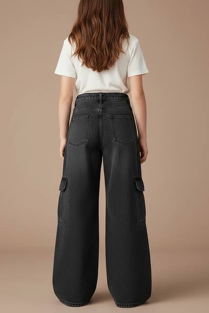 Pantalon Patte D'Éléphant Noir Denim Cargo Ample Décontracté - Jean - vue 2