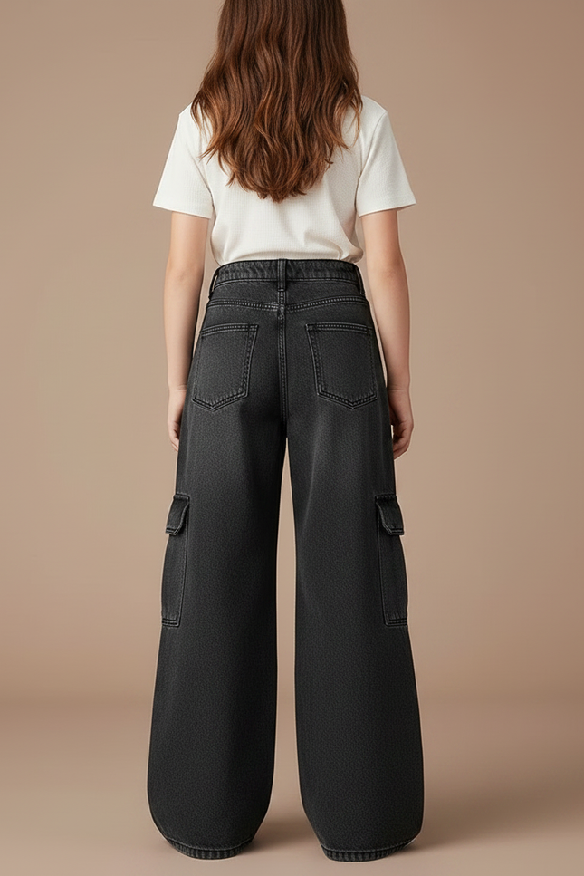 Pantalon Patte D'Éléphant Noir Denim Cargo Ample Décontracté - Jean - vue 2