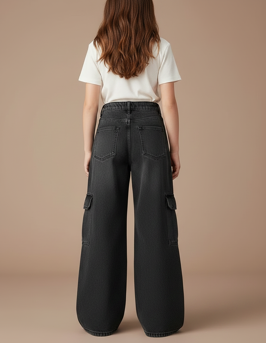 Pantalon Patte D'Éléphant Noir Denim Cargo Ample Décontracté - Jean - vue 2