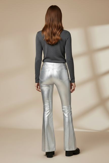Pantalon Patte D'Éléphant Argenté Brillant Métallisé Évasé Femme - Polyester - vue 2