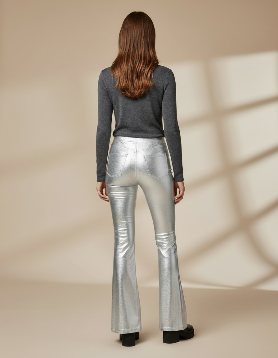 Pantalon Patte D'Éléphant Argenté Brillant Métallisé Évasé Femme - Polyester - vue 2