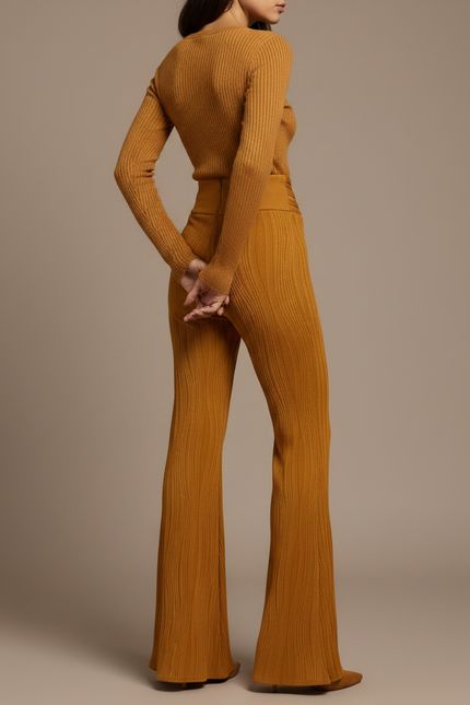 Pantalon Patte D'Éléphant Ocre Côtelé Texturé Croisé Élégant - Jaune Maille - vue 2
