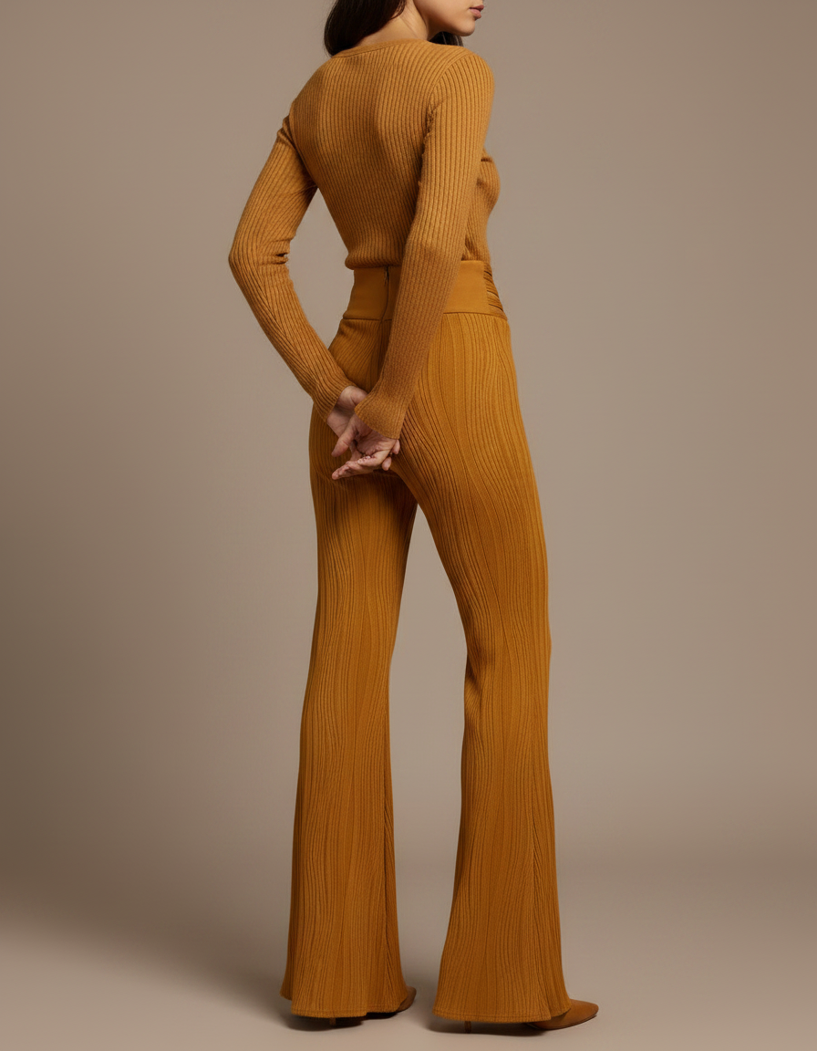 Pantalon Patte D'Éléphant Ocre Côtelé Texturé Croisé Élégant - Jaune Maille - vue 2