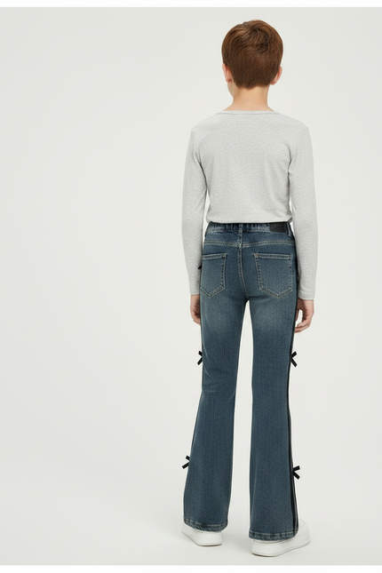 Pantalon Patte D'Éléphant Denim Bleu Nœuds Noirs Fille - Jean - vue 2