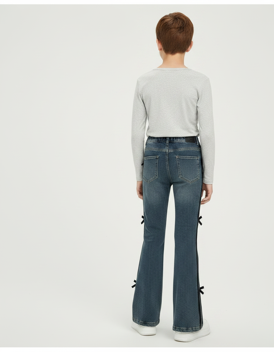 Pantalon Patte D'Éléphant Denim Bleu Nœuds Noirs Fille - Jean - vue 2