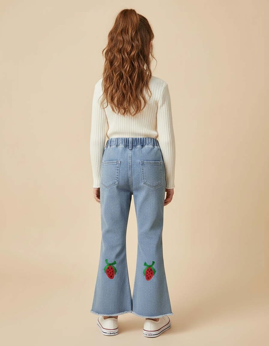 Pantalon Patte D'Éléphant Denim Évasé Fraise Fille - Bleu Jean - vue 2