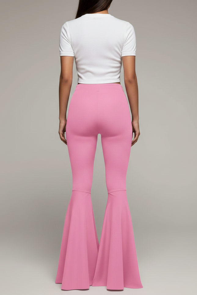 Pantalon Patte D'Éléphant Rose Taille Haute Évasé Moulant - Polyester - vue 2