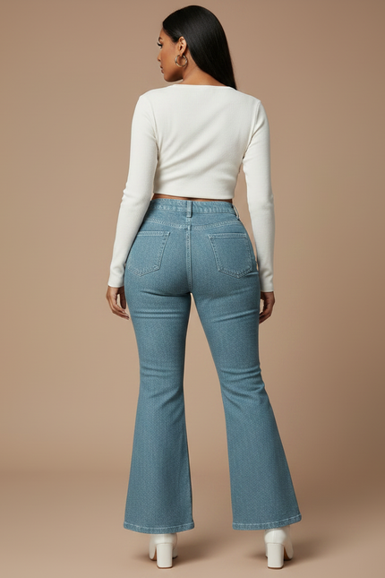 Pantalon Patte D'Éléphant Bleu Imprimé Floral Vintage Denim - Jean - vue 2