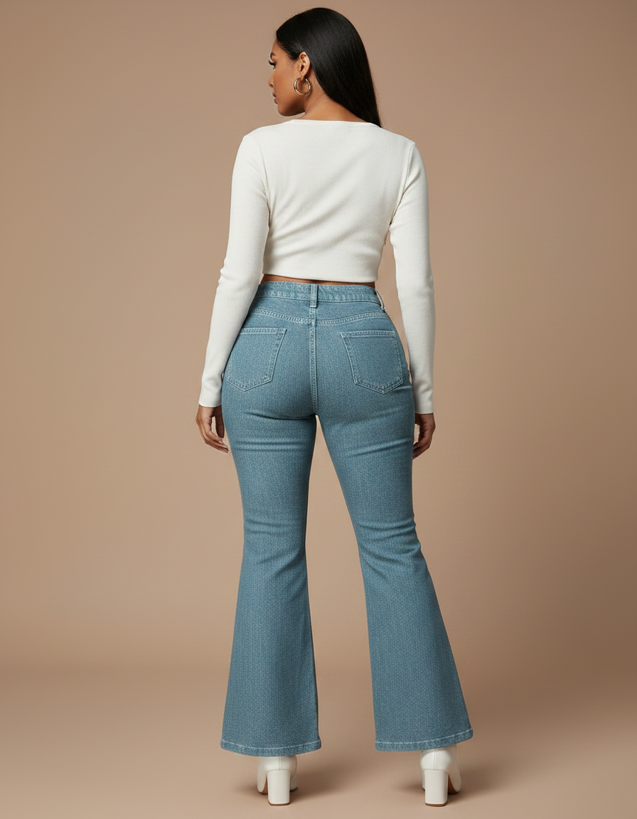 Pantalon Patte D'Éléphant Bleu Imprimé Floral Vintage Denim - Jean - vue 2