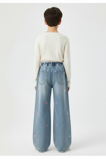 Pantalon Patte D'Éléphant Denim Cœur Brodé Évasé Enfant - Bleu Jean - vue 2