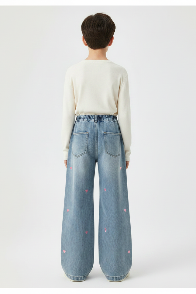 Pantalon Patte D'Éléphant Denim Cœur Brodé Évasé Enfant - Bleu Jean - vue 2