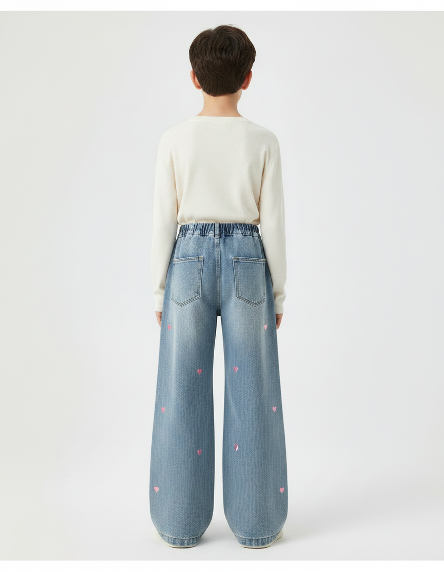 Pantalon Patte D'Éléphant Denim Cœur Brodé Évasé Enfant - Bleu Jean - vue 2