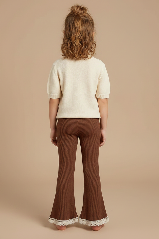 Pantalon Patte D'Éléphant Marron Côtelé Évasé Dentelle Enfant - Maille - vue 2