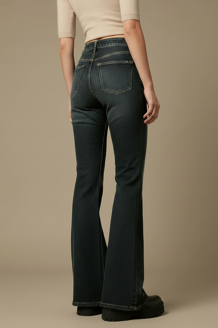 Pantalon Patte D'Éléphant Jean Évasé Taille Haute Délavé - Marine - vue 2