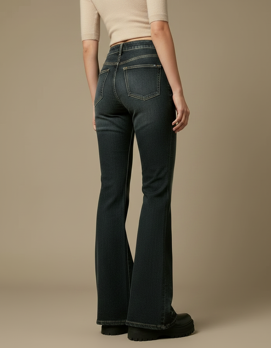 Pantalon Patte D'Éléphant Jean Évasé Taille Haute Délavé - Marine - vue 2