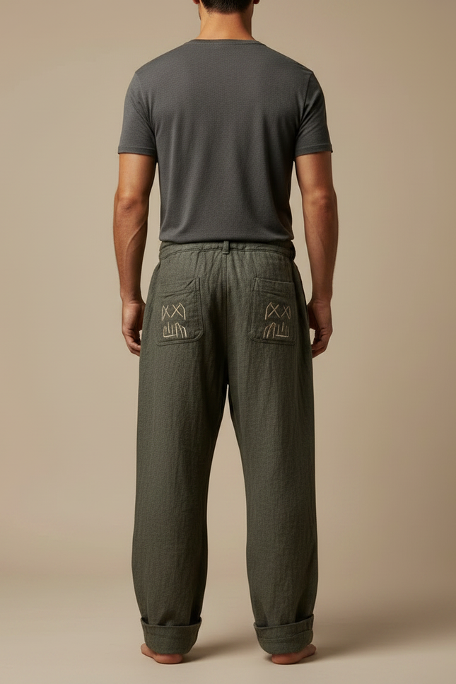 Pantalon Patte D'Éléphant Kaki Lin Brodé Ethnique Ample - vue 2