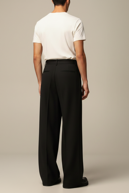 Pantalon Patte D'Éléphant Noir Plissé Boutons Visibles Homme - Gabardine - vue 2