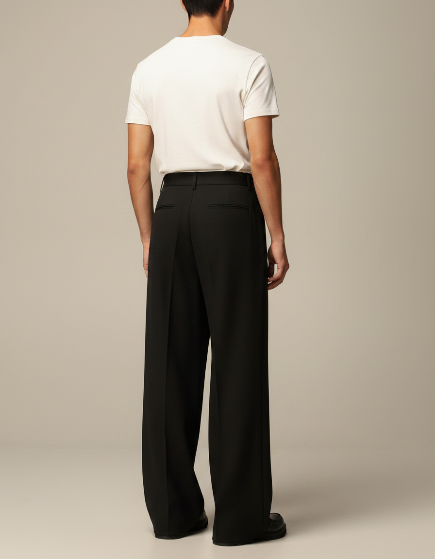 Pantalon Patte D'Éléphant Noir Plissé Boutons Visibles Homme - Gabardine - vue 2