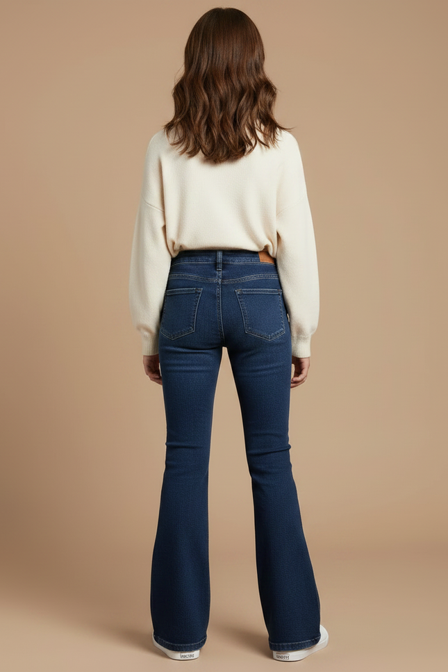 Pantalon Patte D'Éléphant Denim Bleu Stretch Taille Haute - Marine Jean - vue 2