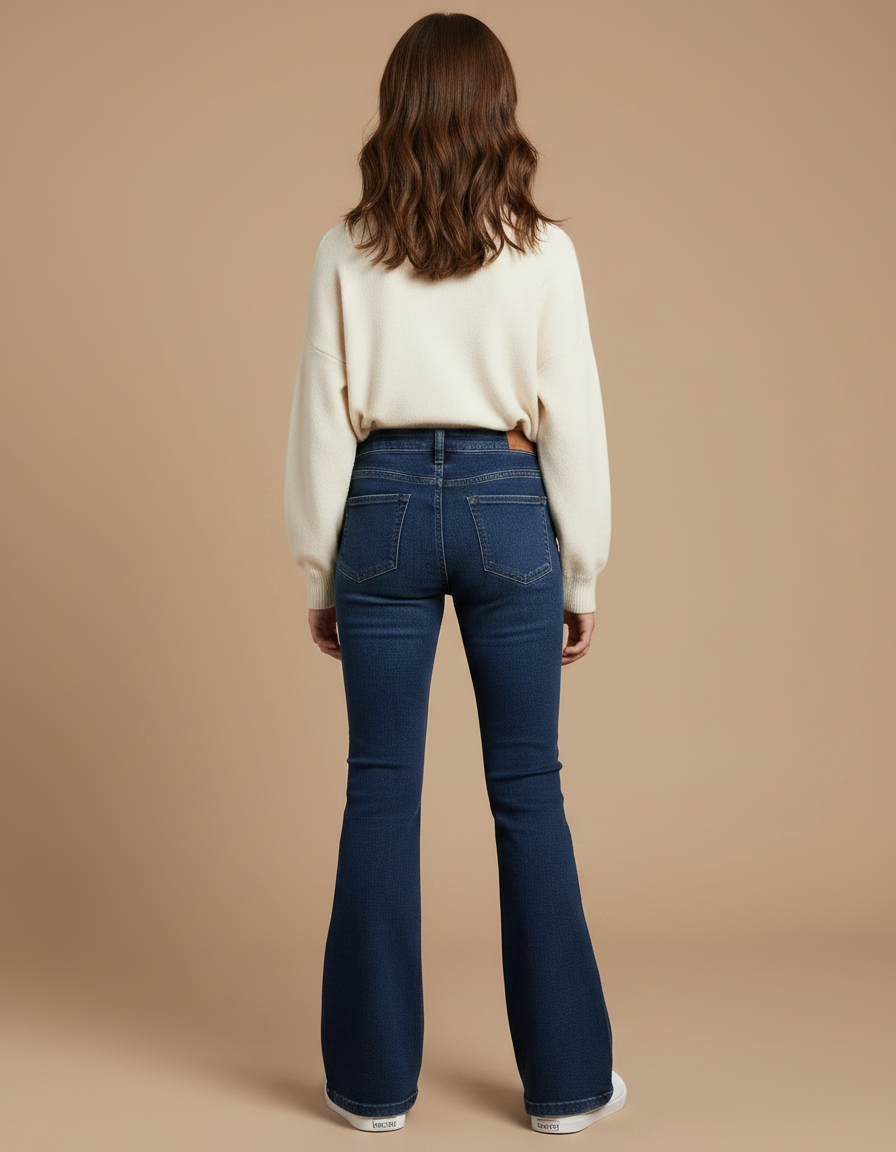 Pantalon Patte D'Éléphant Denim Bleu Stretch Taille Haute - Marine Jean - vue 2
