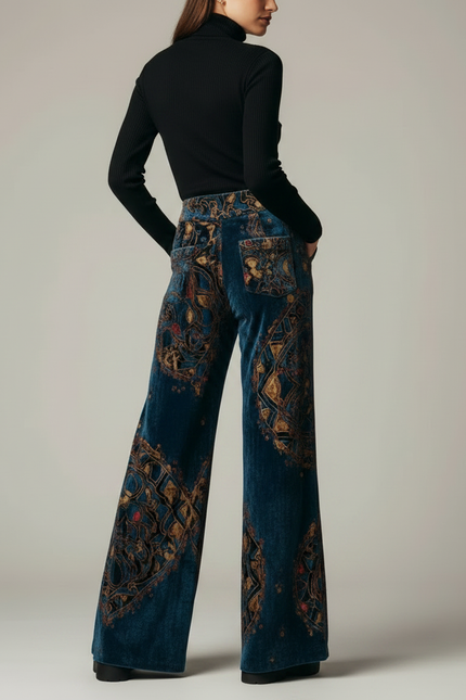 Pantalon Patte D'Éléphant Velours Bleu Imprimé Ethnique Taille Haute - vue 2