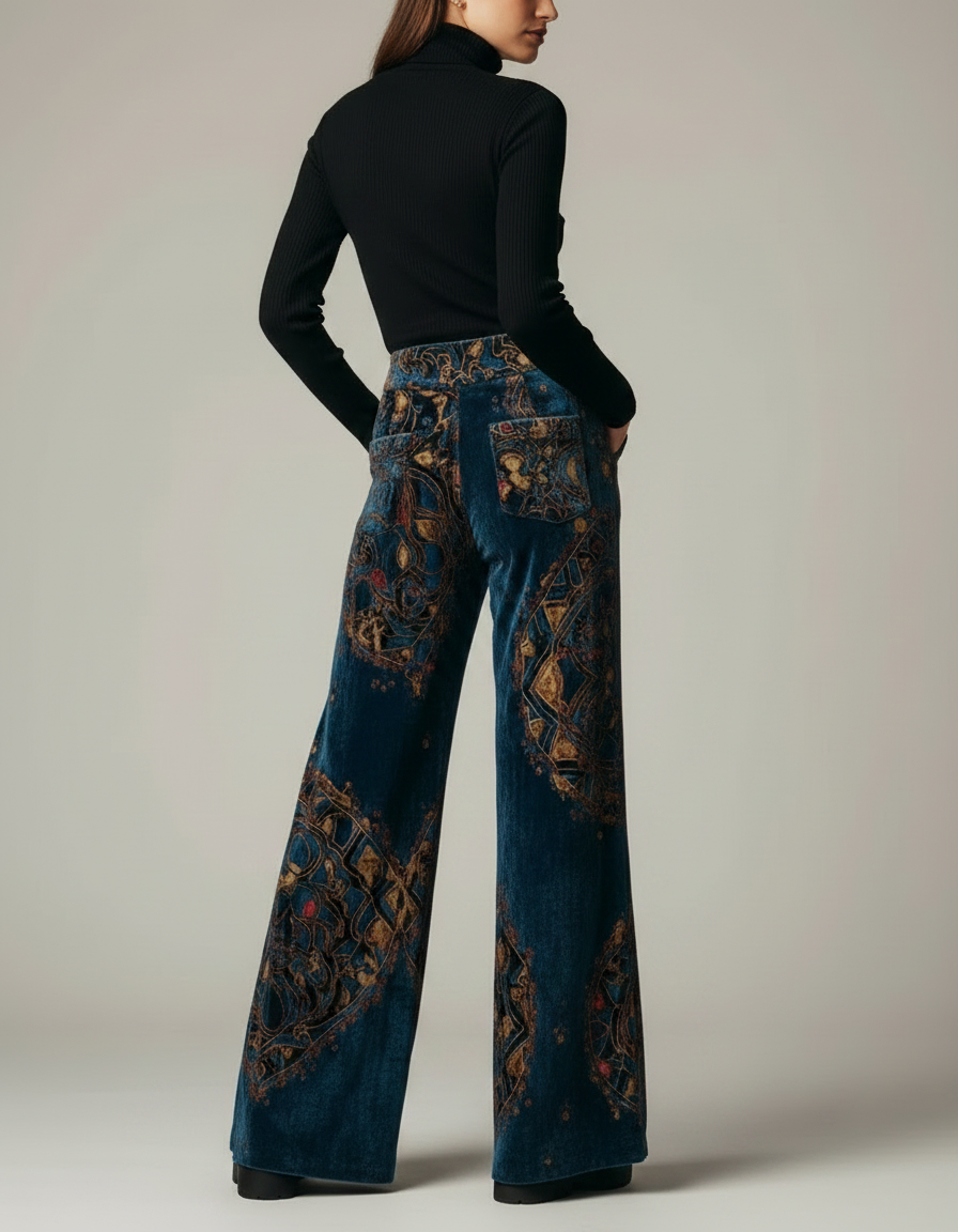 Pantalon Patte D'Éléphant Velours Bleu Imprimé Ethnique Taille Haute - vue 2
