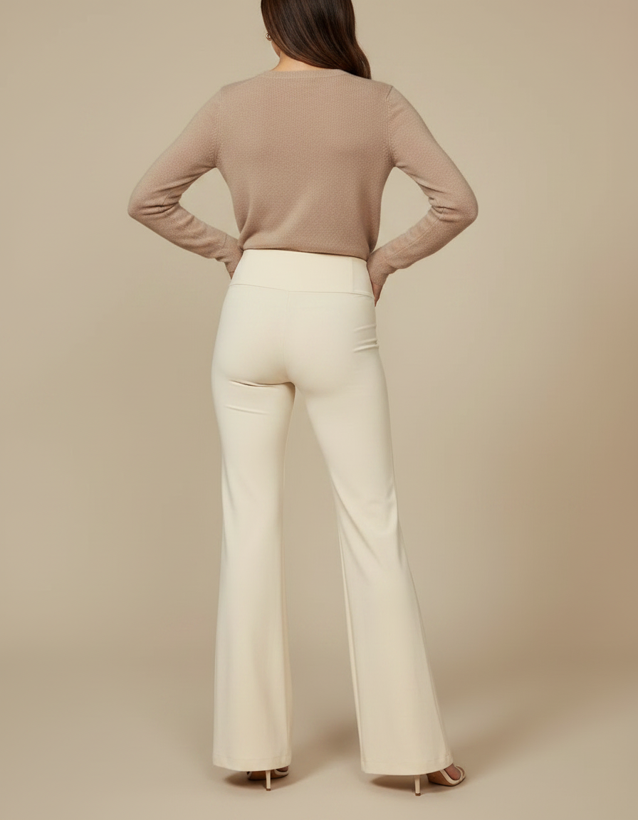 Pantalon Patte D'Éléphant Crème Fluide Taille Haute Élégant - Beige Maille - vue 2