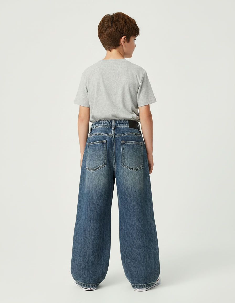 Pantalon Patte D'Éléphant Jean Cargo Bleu Délavé Garçon Ample - vue 2