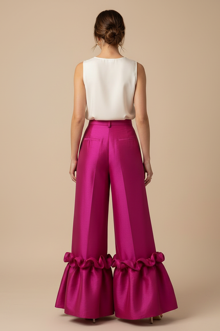 Pantalon Patte D'Éléphant Fuchsia Satiné Volants Élégant - Rose - vue 2
