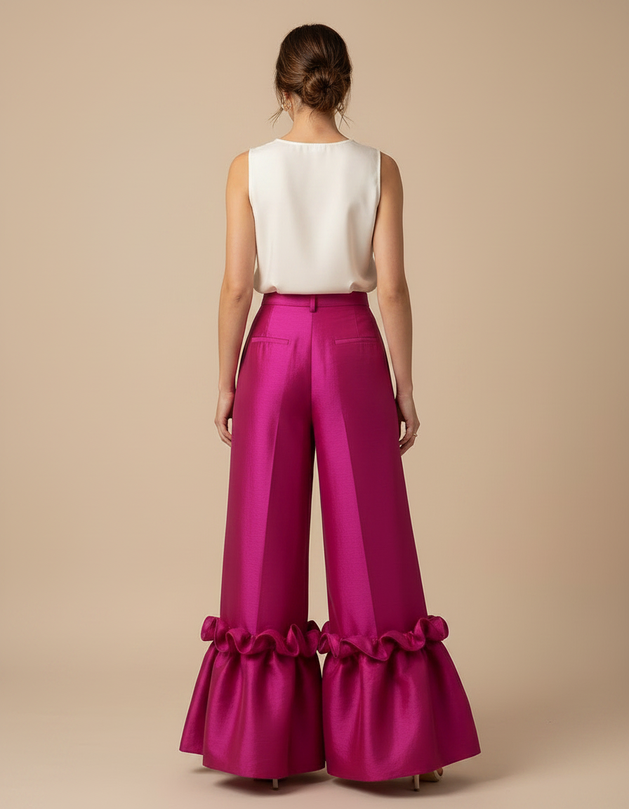 Pantalon Patte D'Éléphant Fuchsia Satiné Volants Élégant - Rose - vue 2