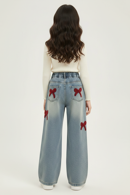 Pantalon Patte D'Éléphant Denim Bleu Nœuds Rouges Fille - Jean - vue 2