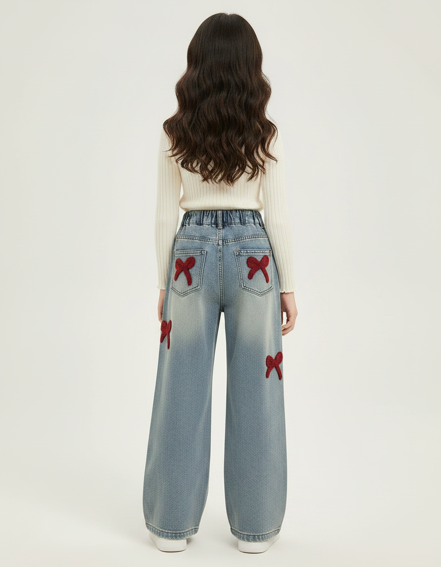 Pantalon Patte D'Éléphant Denim Bleu Nœuds Rouges Fille - Jean - vue 2
