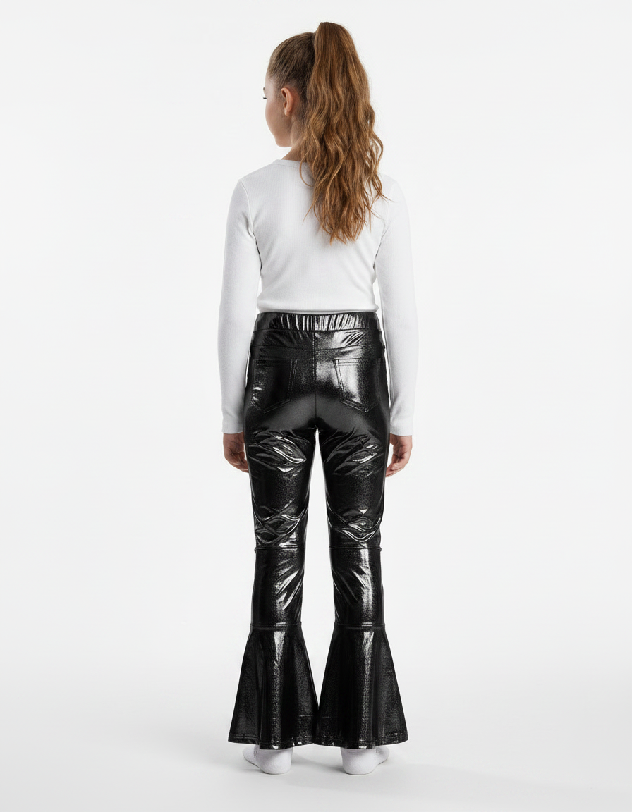Pantalon Patte D'Éléphant Noir Brillant Métallique Évasé Enfant - Simili cuir - vue 2
