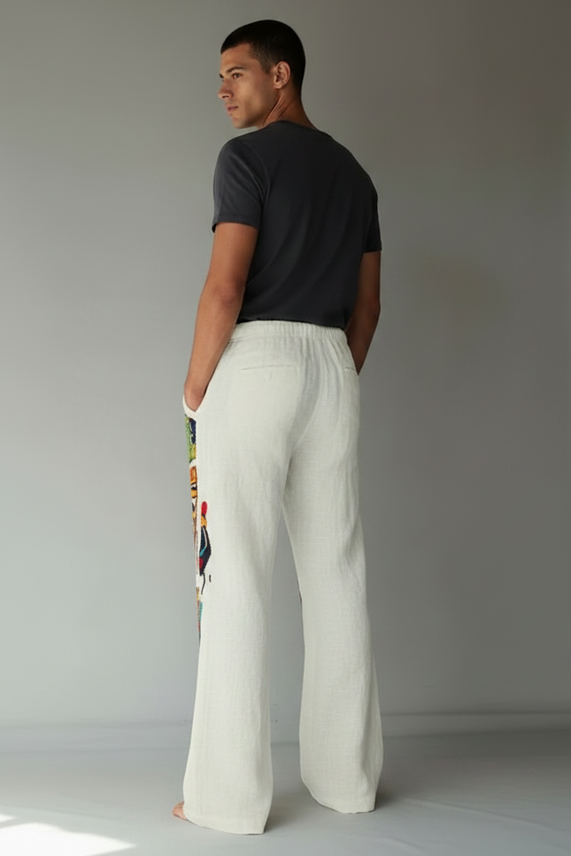 Pantalon Patte D'Éléphant Lin Blanc Ethnique Masques Africains Homme - vue 2