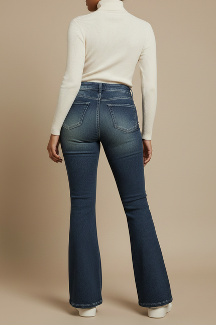 Pantalon Patte D'Éléphant Denim Bleu Délavé Clouté Taille Haute - Jean - vue 2