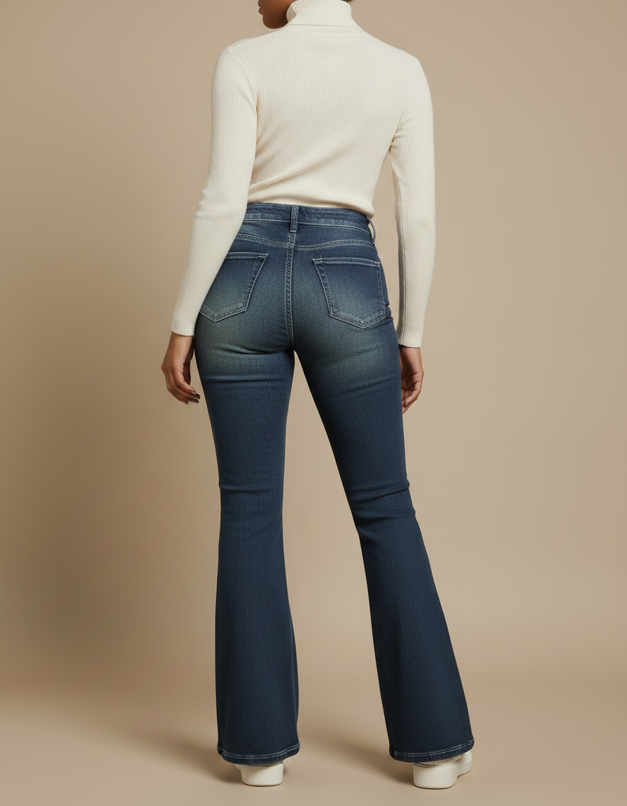 Pantalon Patte D'Éléphant Denim Bleu Délavé Clouté Taille Haute - Jean - vue 2