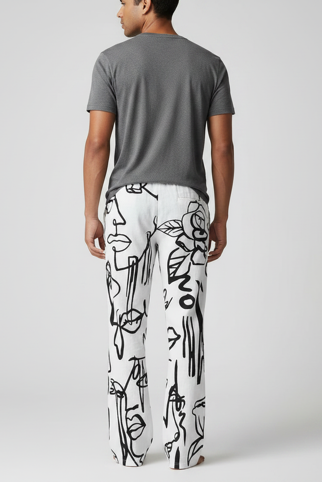 Pantalon Patte D'Éléphant Blanc Imprimé Graphique Décontracté Homme - Lin - vue 2