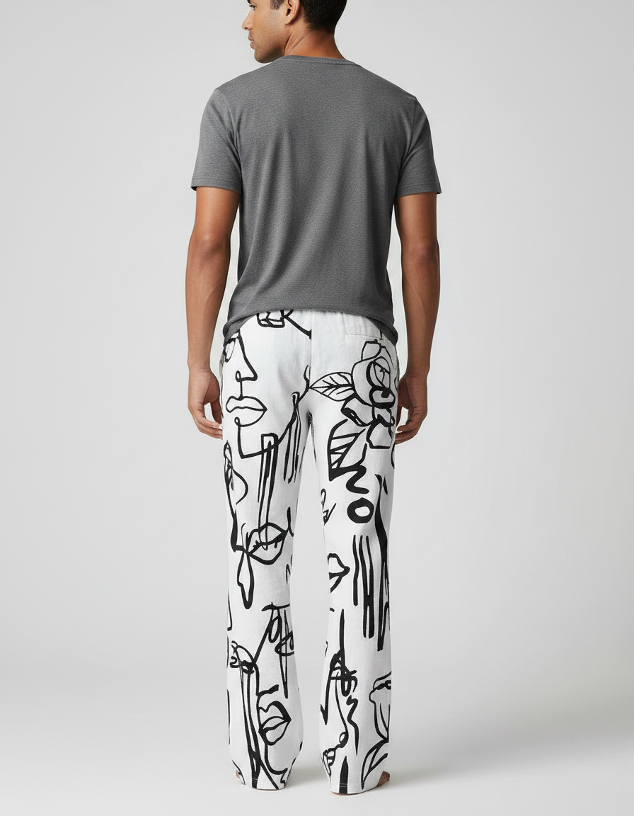Pantalon Patte D'Éléphant Blanc Imprimé Graphique Décontracté Homme - Lin - vue 2