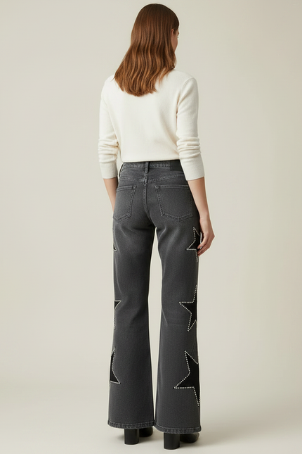 Pantalon Patte D'Éléphant Gris Étoiles Cloutées Denim Femme - Jean - vue 2