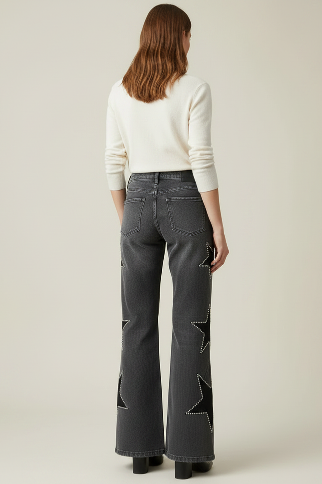 Pantalon Patte D'Éléphant Gris Étoiles Cloutées Denim Femme - Jean - vue 2