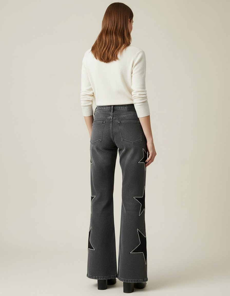 Pantalon Patte D'Éléphant Gris Étoiles Cloutées Denim Femme - Jean - vue 2