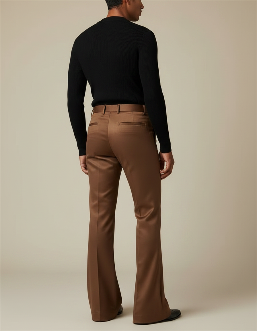 Pantalon Patte D'Éléphant Marron Élégant Coupe Évasée Homme - Satin - vue 2