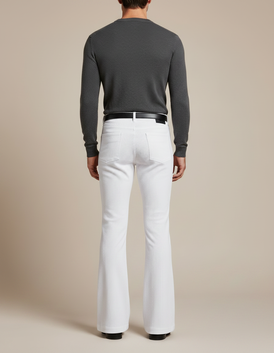 Pantalon Patte D'Éléphant Blanc Côtelé Homme Vintage Confortable - Cordé - vue 2