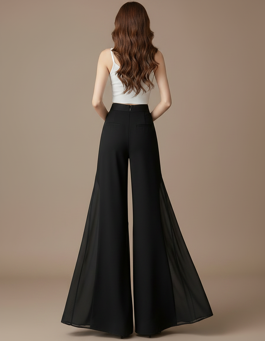 Pantalon Patte D'Éléphant Noir Fluide Taille Haute Chiffon Élégant - Polyester - vue 2