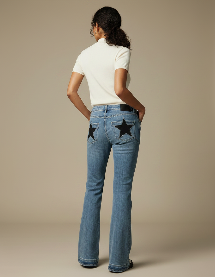 Pantalon Patte D'Éléphant Jean Bleu Étoiles Noires Évasé Femme - vue 2