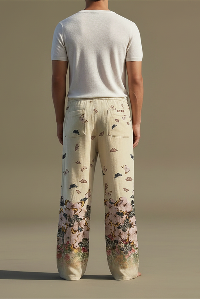 Pantalon Patte D'Éléphant Beige Lin Imprimé Papillons Floral Ample - vue 2